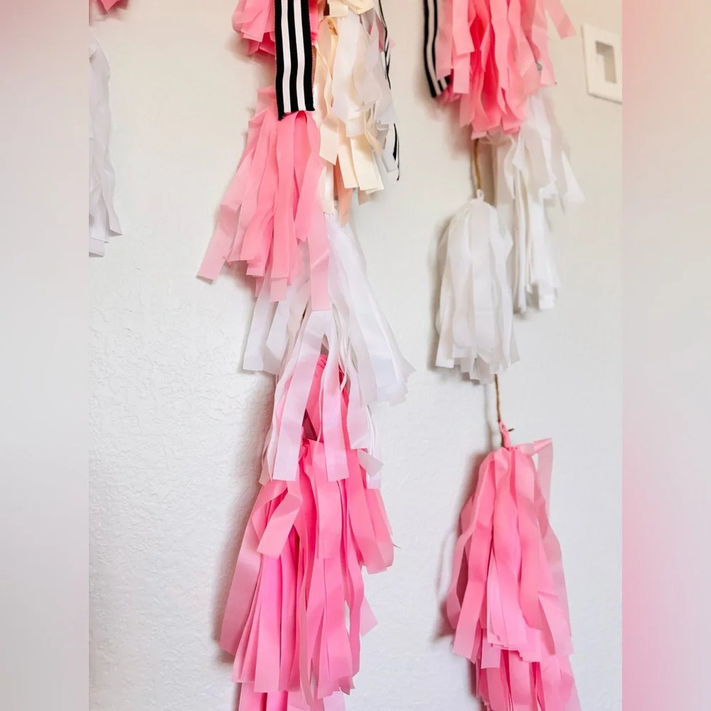 48” Set of 3 Elegant Pink & White Tassel Garland Streamers for Party, Wedding